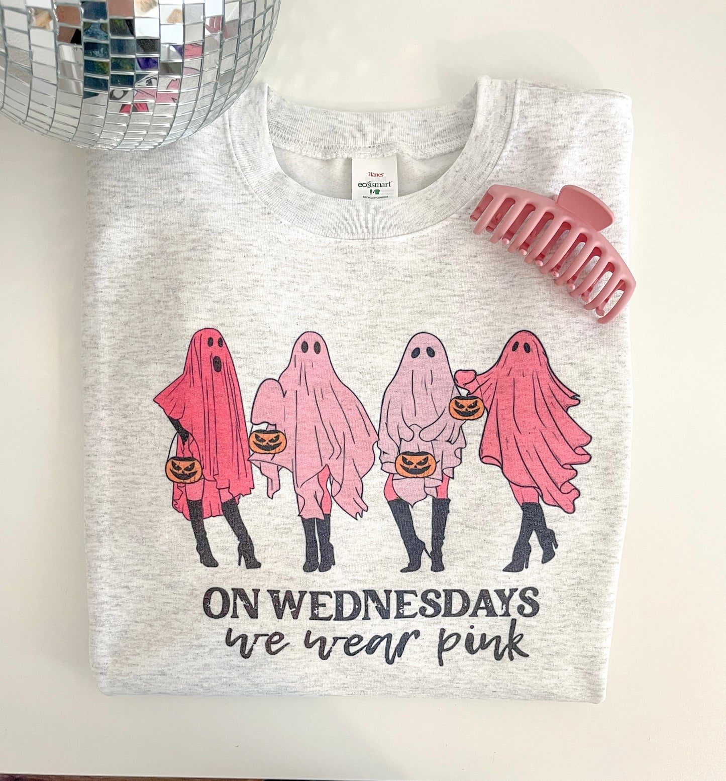 on Wednesday's we wear pink ghost sweatshirt or t-shirt