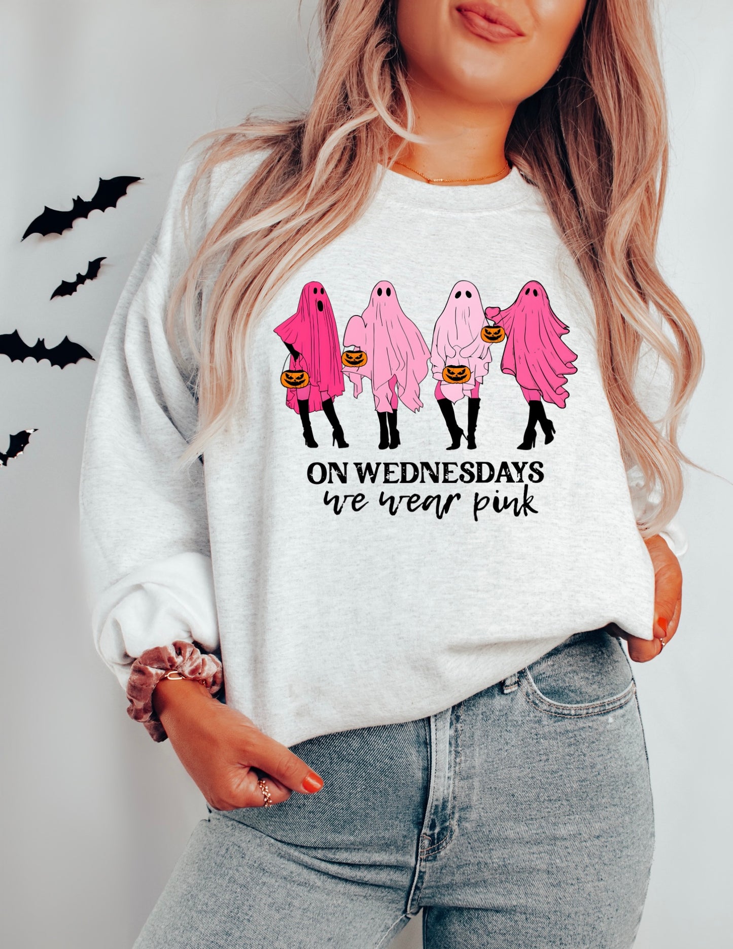 on Wednesday's we wear pink ghost sweatshirt or t-shirt