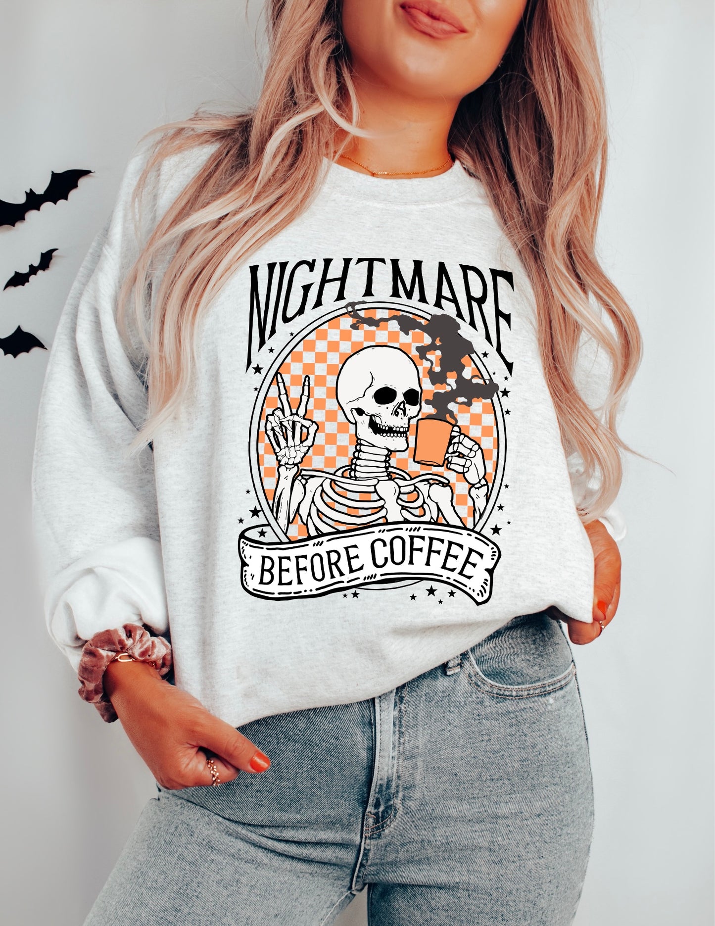 nightmare before coffee skeleton sweatshirt, halloween skeleton sweatshirt, coffee lover shirt, fall vibes sweatshirt
