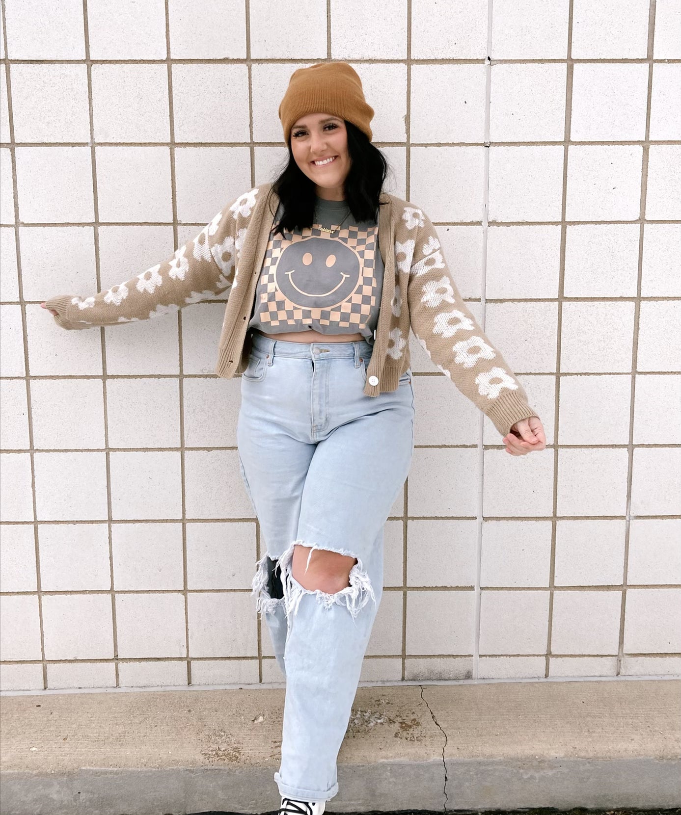 Checkered happy face graphic tee