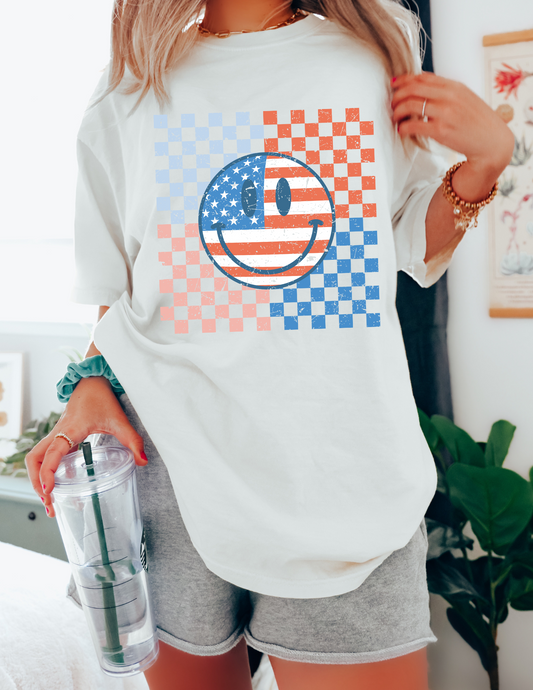 checkered 4th of July happy face graphic